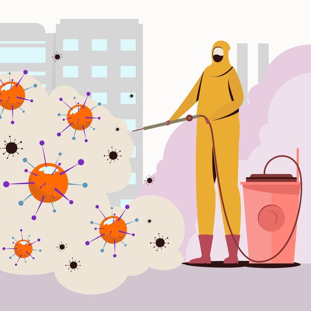 Desinfección de virus con hombre en traje amarillo de materiales peligrosos