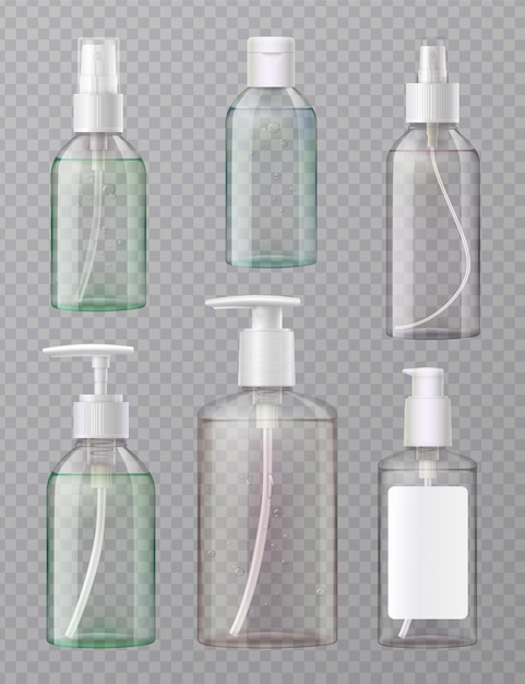 Desinfectante de manos, prensa acrílica transparente completa y dispensador de aerosol, botellas de spray, conjunto realista