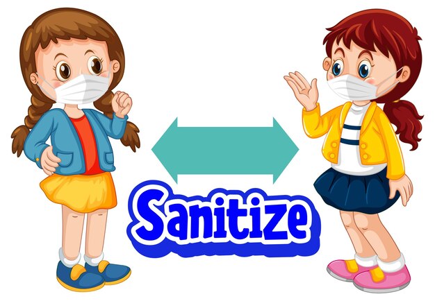 Desinfecte la fuente en estilo de dibujos animados con dos niños manteniendo la distancia social aislada sobre fondo blanco