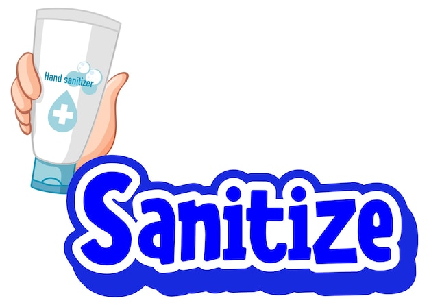 Vector gratuito desinfecte la fuente en estilo de dibujos animados con la mano que sostiene el gel de alcohol
