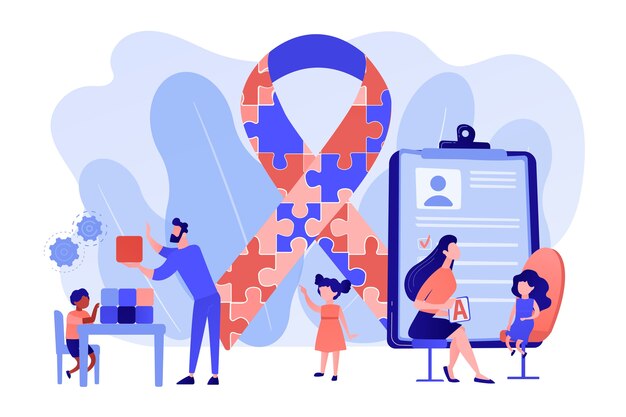 Desorden del espectro autista. Desarrollo infantil. Terapia de autismo, tratamientos de autismo para adultos y niños, concepto de análisis de comportamiento aplicado. Ilustración aislada del vector azul coral rosado rosado