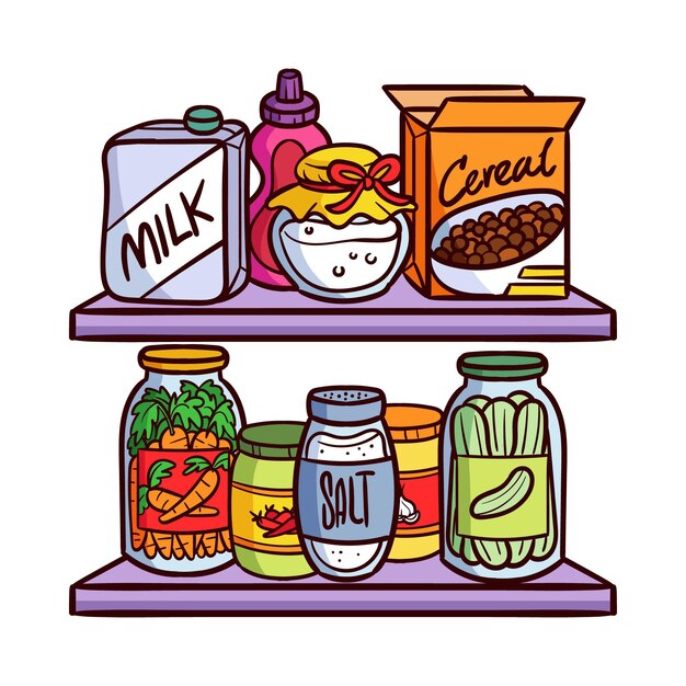 Despensa dibujada a mano con paquete de diferentes alimentos.