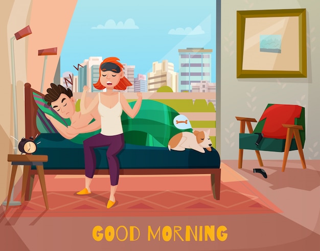 Despertar por la mañana de la ilustración de pareja