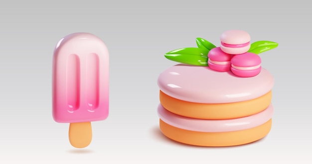 Vector gratuito desserts pastel 3d con macarrón y helado