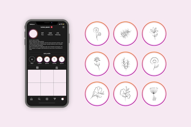 Vector gratuito destacados de historias florales dibujadas a mano en instagram