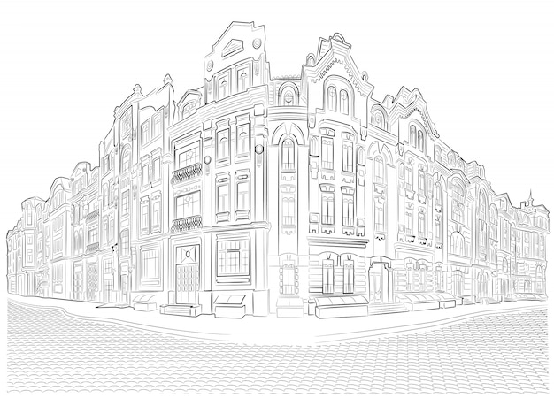 Detallado edificios antiguos en la esquina de la calle dibujo vectorial