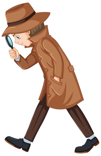 Vector gratuito detective en busca de pistas con lupa.