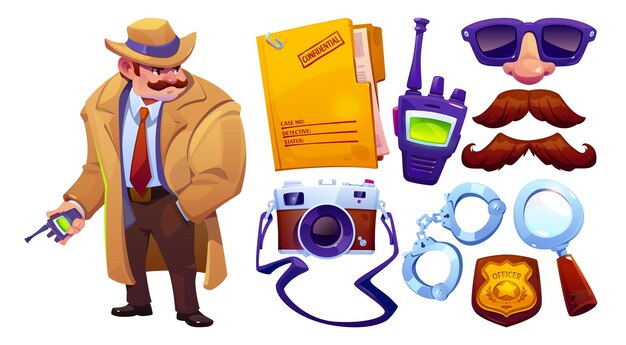 Detective espía con sombrero conjunto de iconos de equipo de inspector