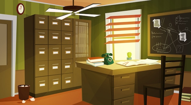 Detective privado de dibujos animados de interiores de oficina.