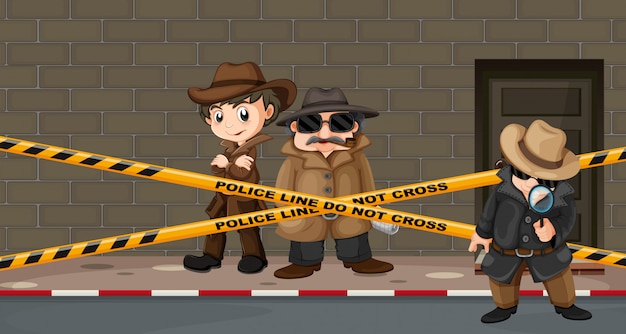 Detectives buscando pistas en la escena del crimen.