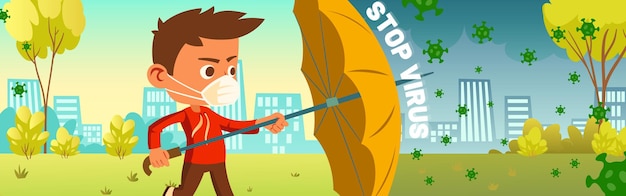 Detener la pancarta de virus con niño en máscara sosteniendo paraguas para protege de covid