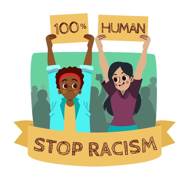Detener el racismo con personas sosteniendo pancartas