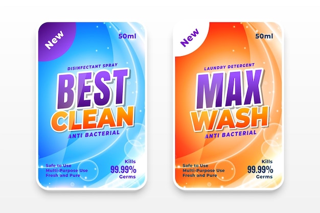 Vector gratuito detergente para ropa, lavado limpio, etiquetas autoadhesivas en dos colores.