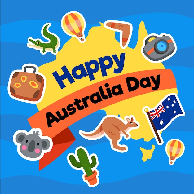 Vector gratuito día de australia en diseño plano con mapa y animales.