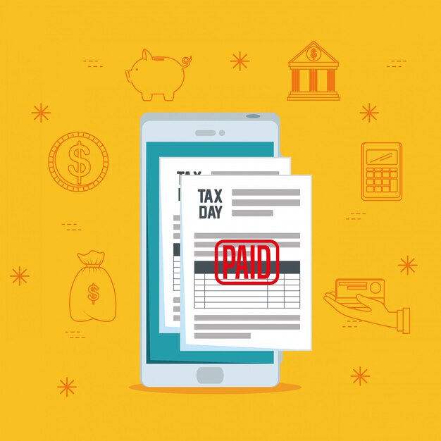 Día de impuestos. Servicio de informe de impuestos financieros con teléfono inteligente