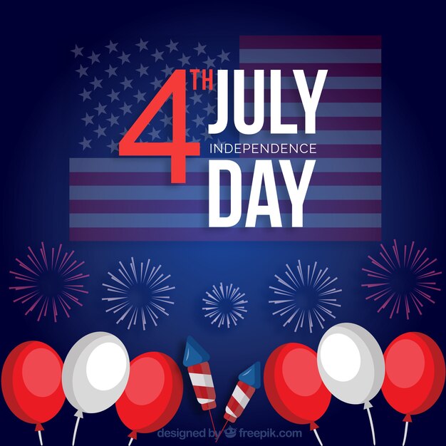 Día de la independencia americana con fuegos artificiales y globos