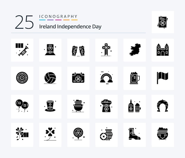 Día de la independencia de irlanda 25 paquete de iconos de glifos sólidos que incluye vino de irlanda con sombrero de catedral cruzado