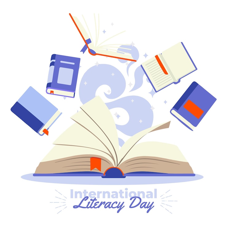 Vector gratuito día internacional de la alfabetización con muchos libros.
