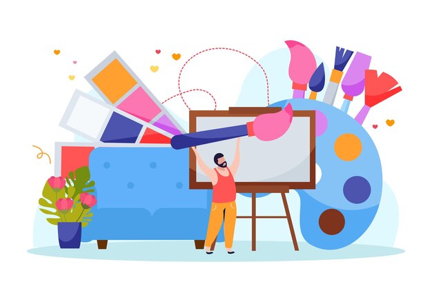 Día internacional de los artistas concepto de cambio de color plano con pintor personaje masculino soporte de caballete pinturas y pinceles ilustración vectorial de dibujos animados