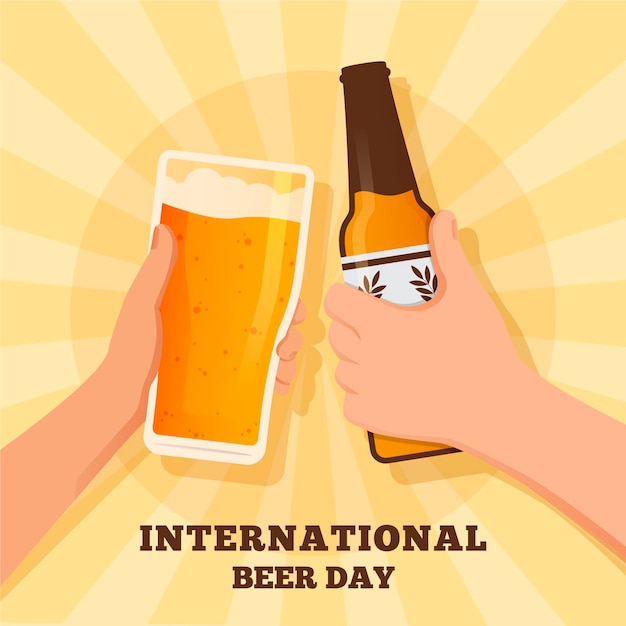 Día internacional de la cerveza con botella y vaso.