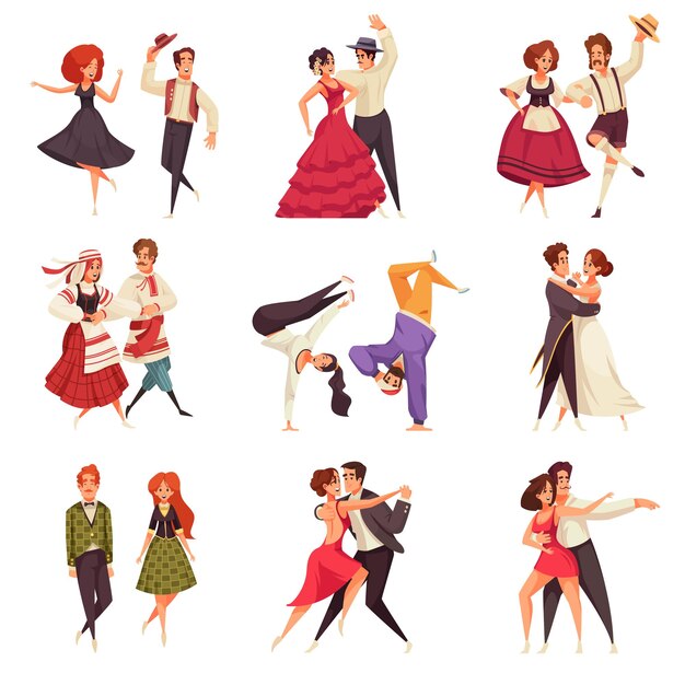 Día internacional de la danza conjunto de parejas de baile que realizan diferentes estilos de baile ilustración vectorial aislada