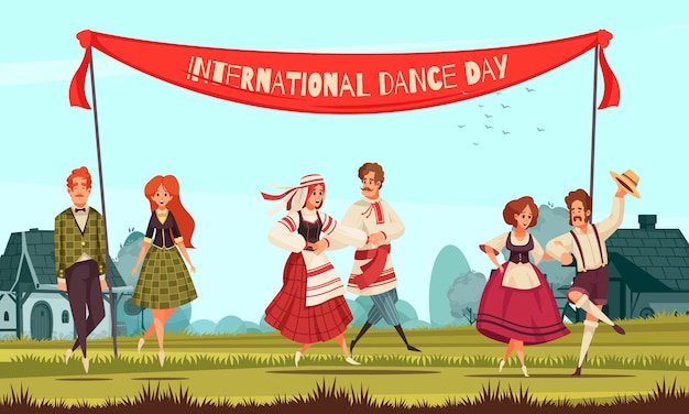 Día internacional de la danza con un grupo de personas en varios trajes nacionales bailando al aire libre en la ilustración de estilo rural