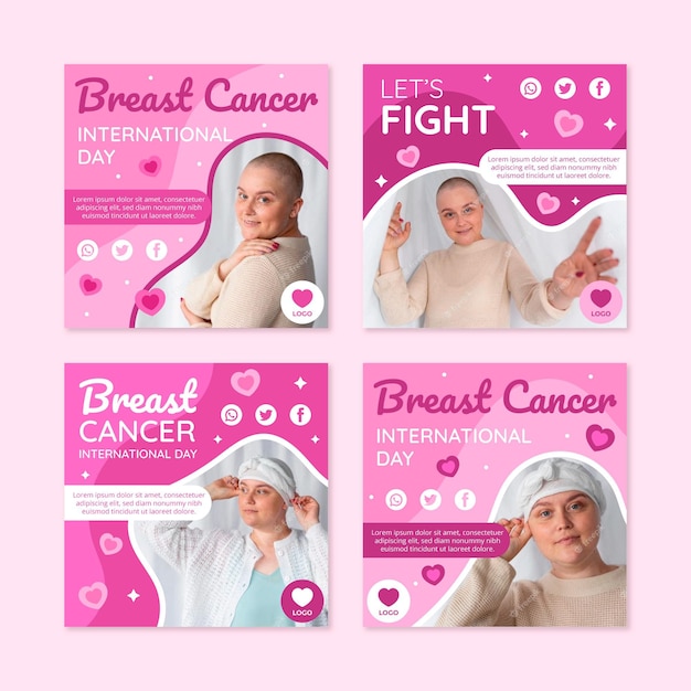 Vector gratuito día internacional plano dibujado a mano contra el cáncer de mama colección de publicaciones de instagram con foto