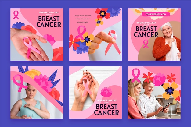 Vector gratuito día internacional plano dibujado a mano contra el cáncer de mama colección de publicaciones de instagram con foto