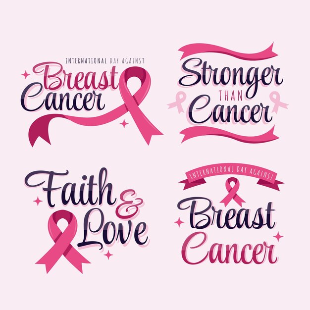 Día internacional plano dibujado a mano contra la colección de etiquetas de letras del cáncer de mama
