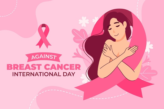 Vector gratuito día internacional plano dibujado a mano contra el fondo del cáncer de mama