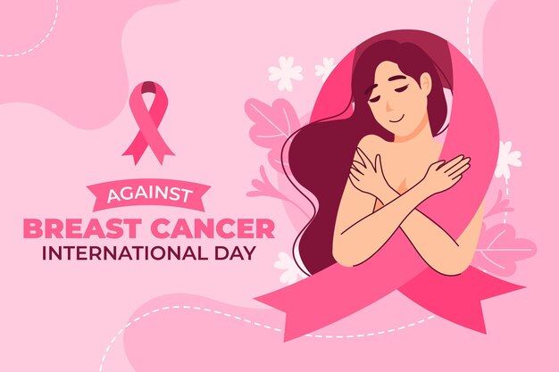 Día internacional plano dibujado a mano contra el fondo del cáncer de mama