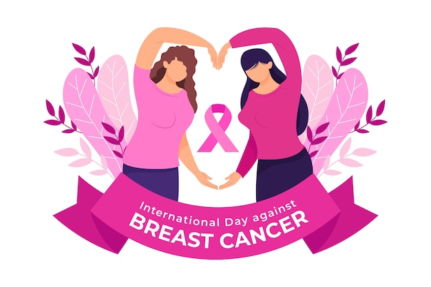 Vector gratuito día internacional plano dibujado a mano contra el fondo del cáncer de mama