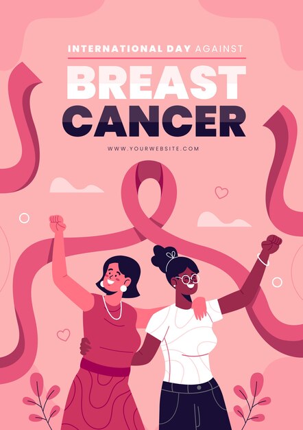 Día internacional plano dibujado a mano contra la plantilla de cartel vertical del cáncer de mama