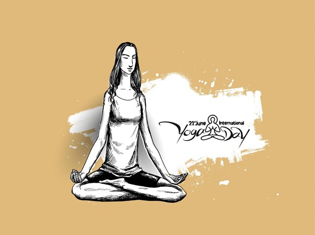 Día Internacional del Yoga 21 de junio Mujer joven medita Resumen Post Ad Banner Vector ilustración