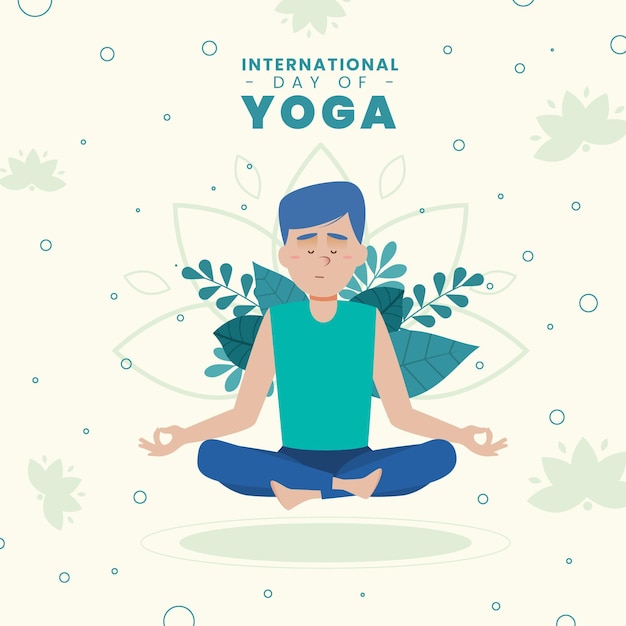 Vector gratuito día internacional de yoga con hombre y hojas.