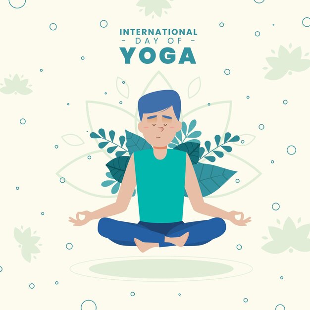 Día internacional de yoga con hombre y hojas.