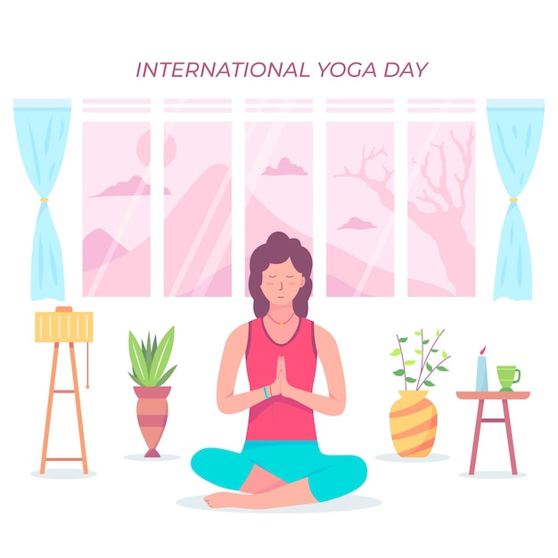 Día internacional de yoga con mujer en casa