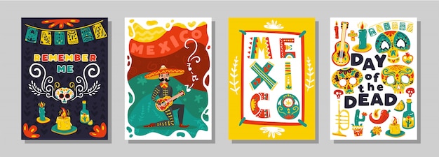 Día mexicano muerto 4 coloridos carteles ornamentales con atributos simbólicos tradicionales máscaras de cráneo ilustración vectorial aislado