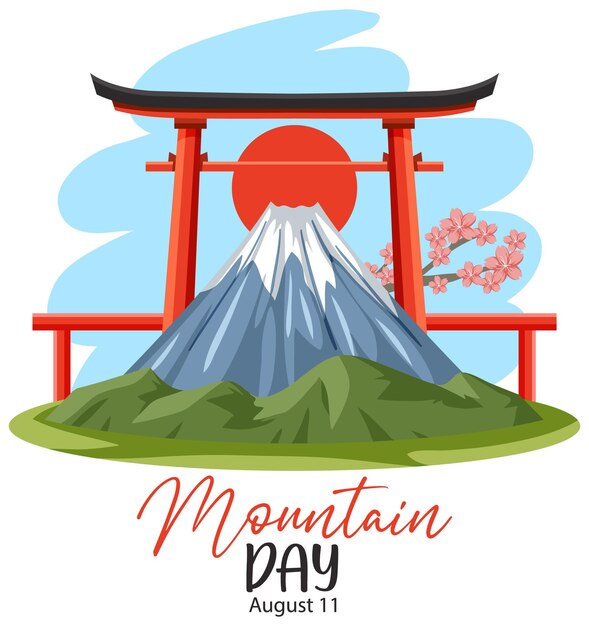 Día de la montaña en Japón el 11 de agosto banner con el monte Fuji y la puerta Torii