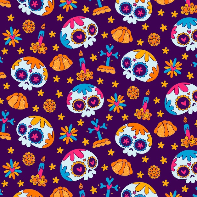 Vector gratuito día de los muertos diseño dibujado a mano patrón