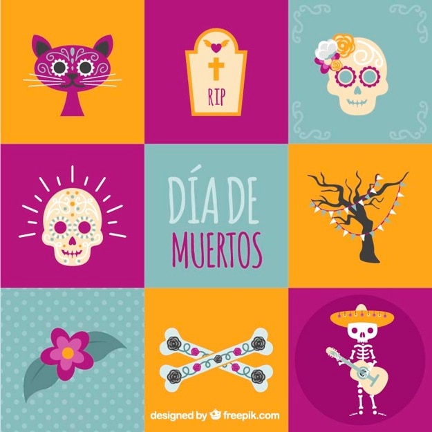 Vector gratuito día de los muertos con elementos coloridos en estilo plano