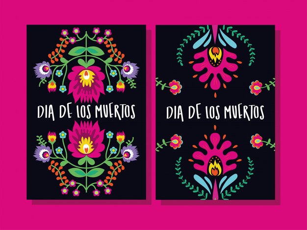 Dia de muertos tarjetas letras con flores