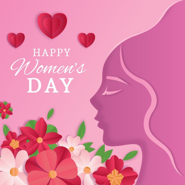 Día de la mujer en papel con corazones y flores.