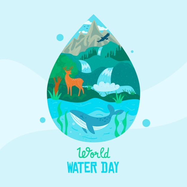 Día mundial del agua dibujado a mano con gota de agua y naturaleza.