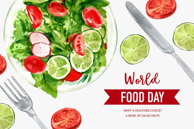 Día Mundial de la Alimentación Marco con tomate, guisantes, lima, lechuga ilustración acuarela.