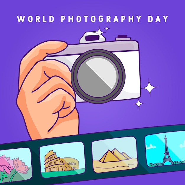 Día mundial de la fotografía con cámara y película.