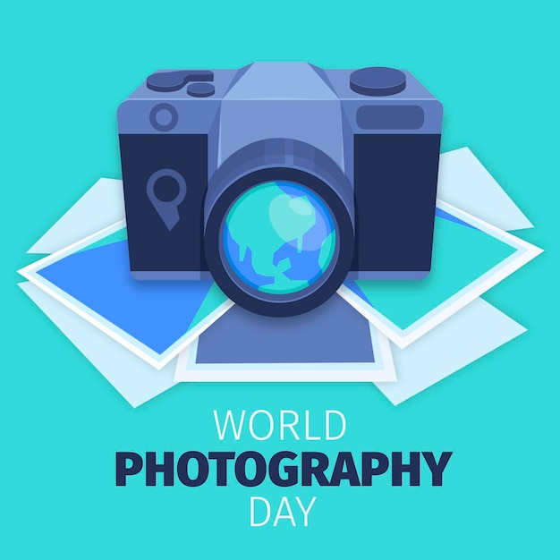 Día mundial de la fotografía plana con cámara