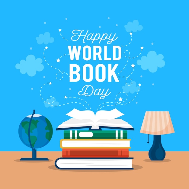 Día mundial del libro con libros y globo