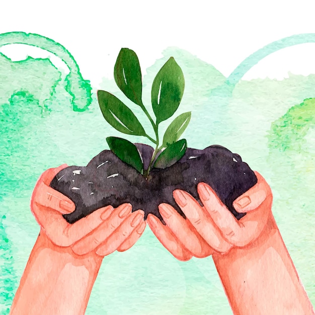 Día mundial del medio ambiente acuarela con planta en manos