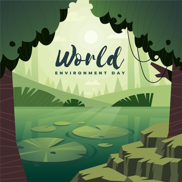 Vector gratuito día mundial del medio ambiente con árboles y lago